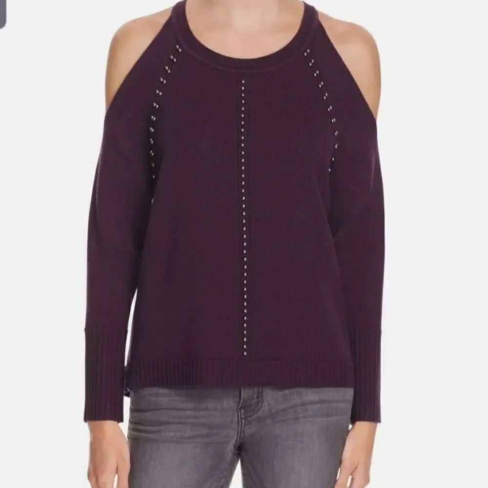 RAMY BROOK MAYA COLD SHOULDER BEADED LONG SLEEVE purple SWEATER sz Small
